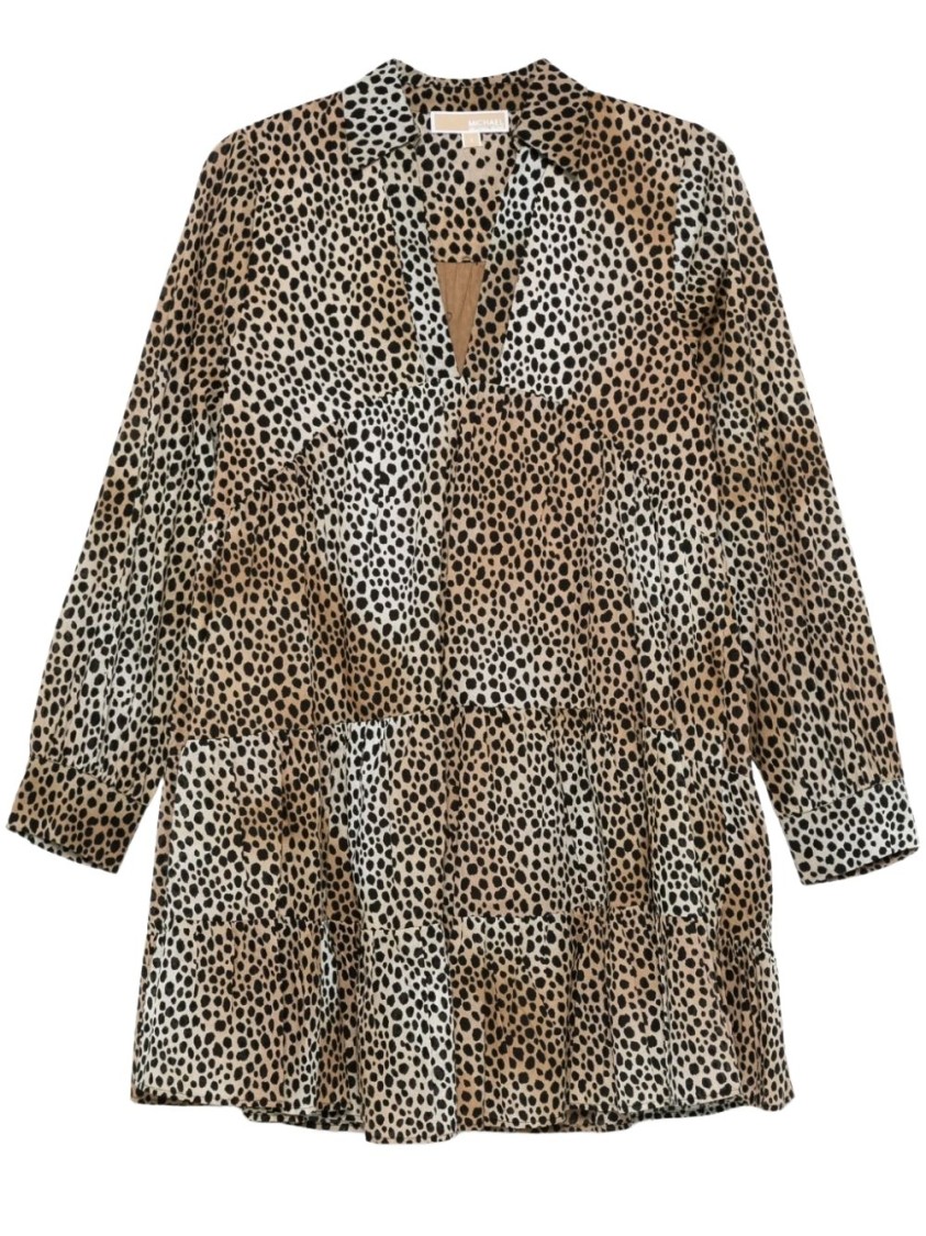 Michael Kors Abito Corto Chemisier In Cotone Animalier In Brown