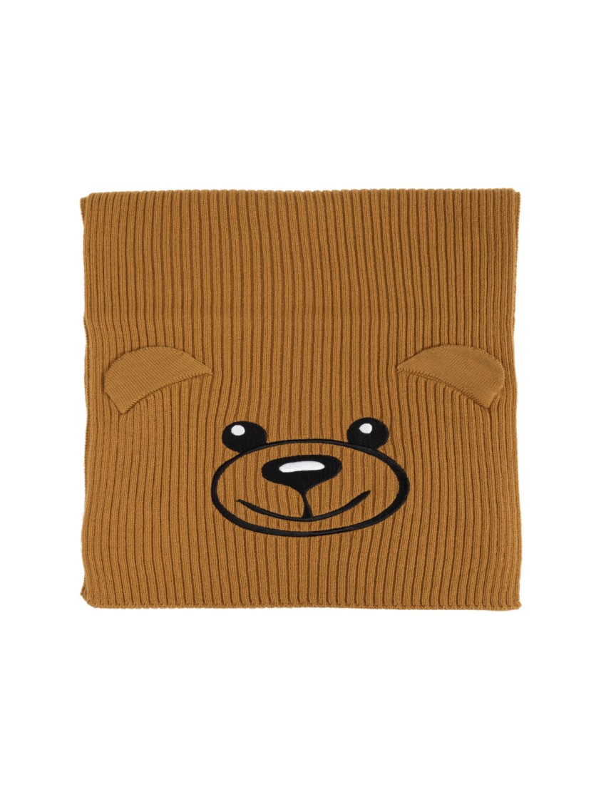 Moschino Teddy Bear Embroidered Knitted Scarf In Brown