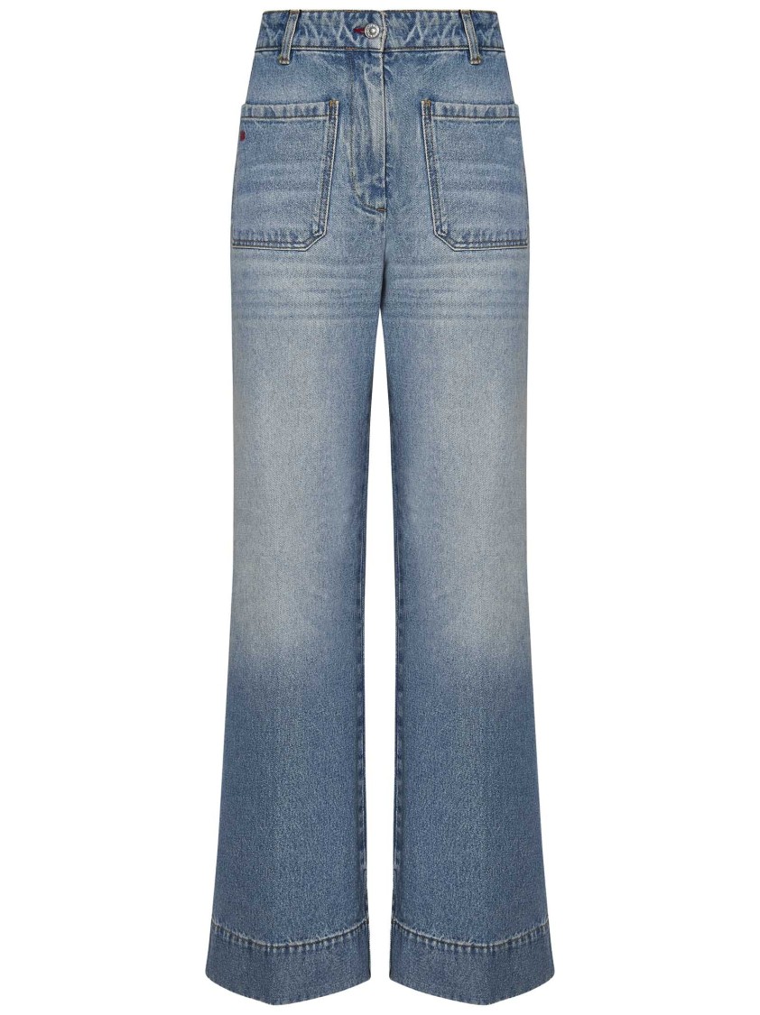 Shop Victoria Beckham High-waisted Light Blue Jeans With Monogram Embroidery