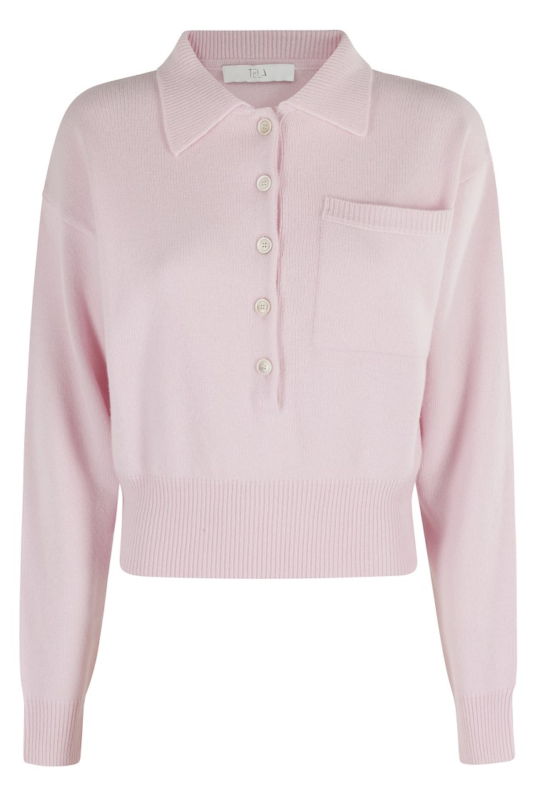 Tela Cropped Merino Wool Sweater With Classic Polo Collar In Pink