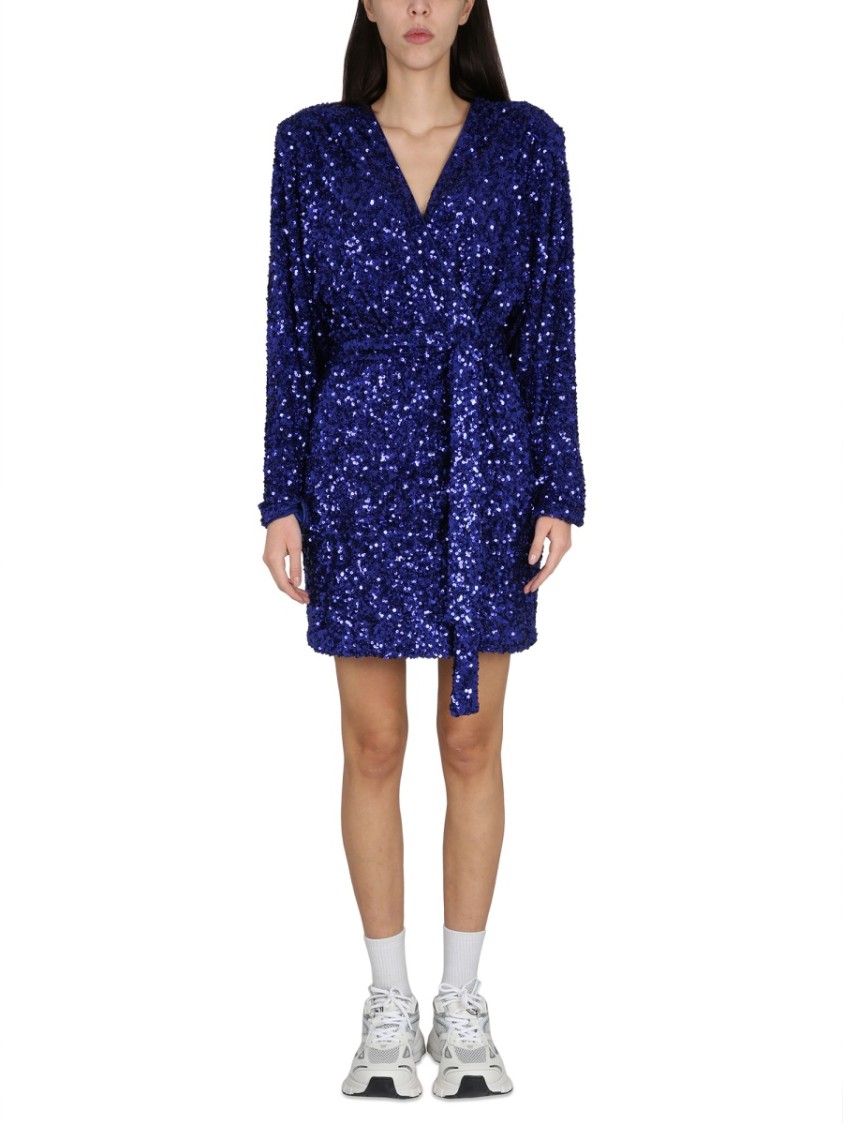 Shop Rotate Birger Christensen Rotate Deep V-neck Sequined Evening Dress With Adjustable Belt