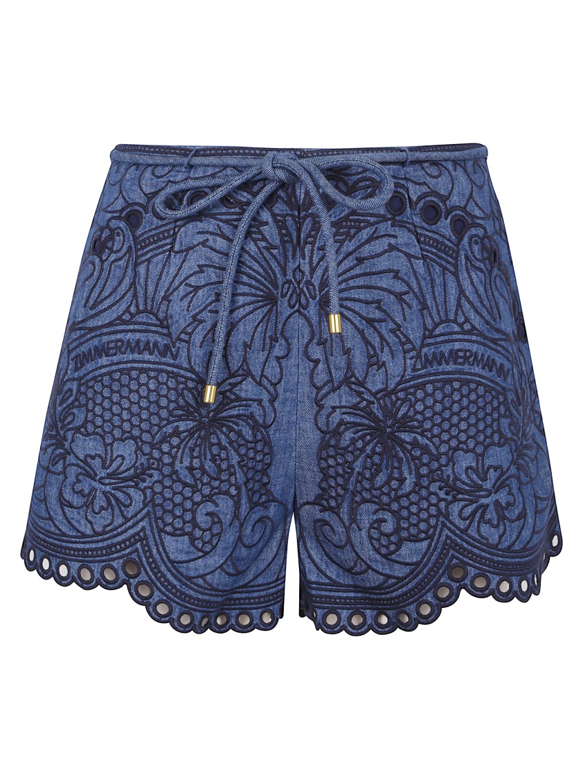 Zimmermann Coco Embroidered Denim Short In Blue