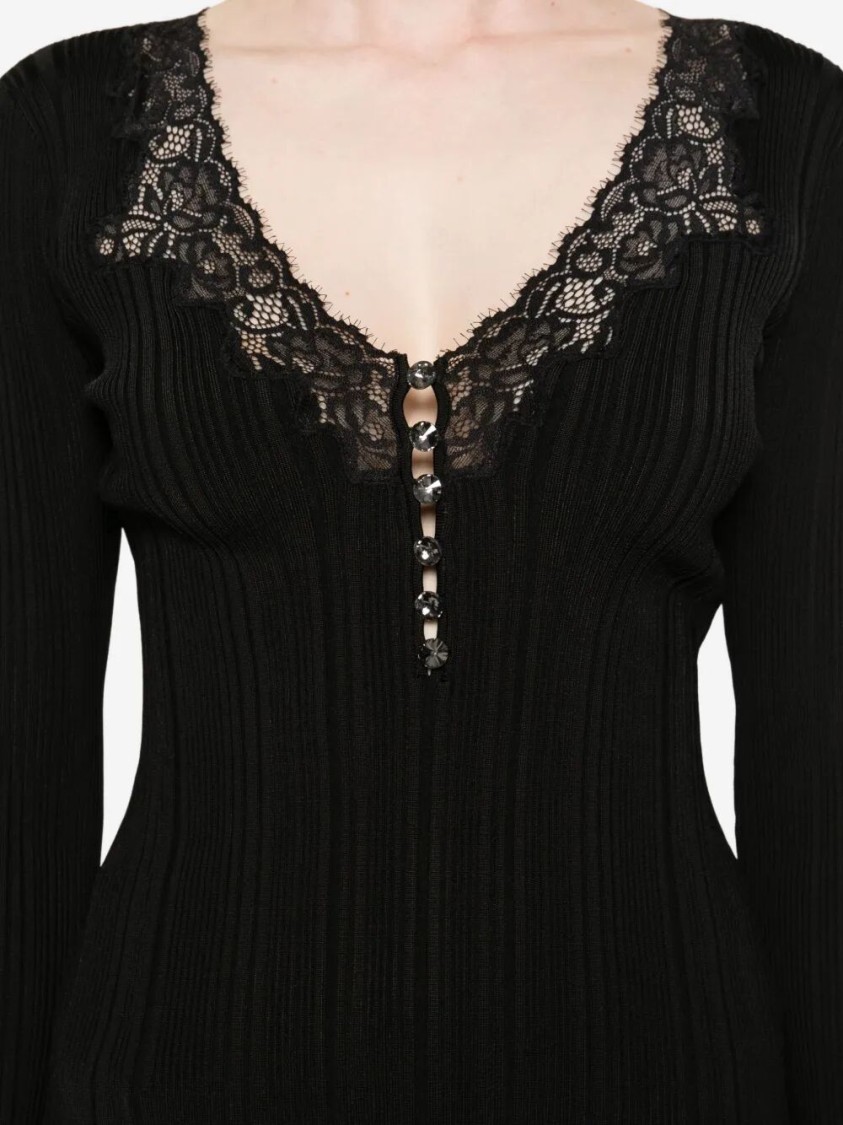 Self-portrait Black Lace Trim Knit Top Tops Black In Black