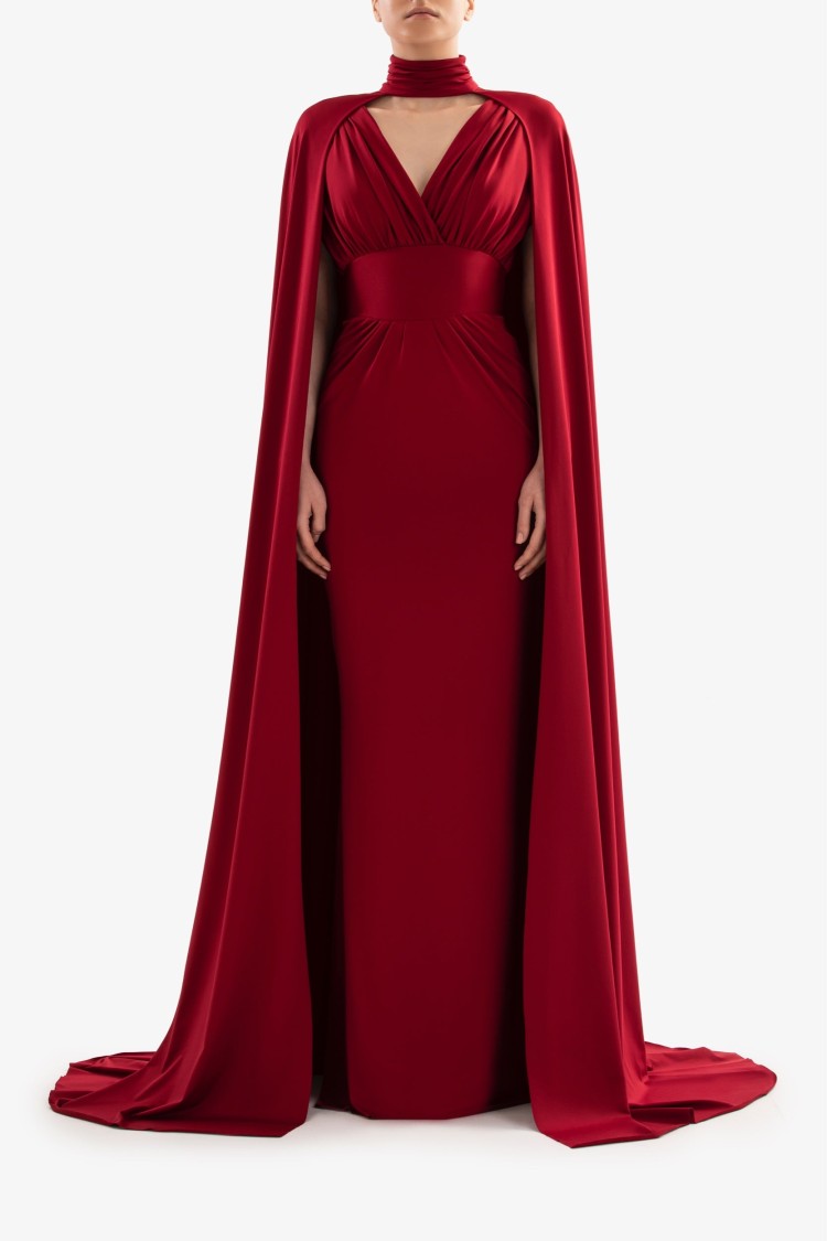 Saiid Kobeisy Jersey Dress With Cape In Red