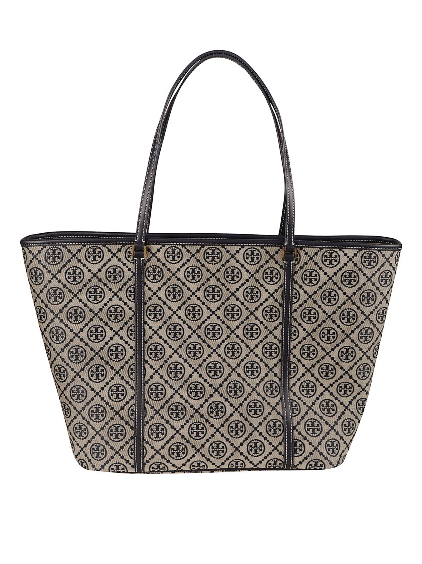 Tory Burch Embroidered Canvas T Monogram Shopping Bag In Gray