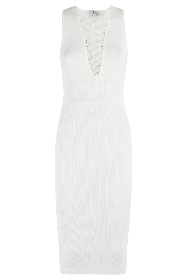 Elisabetta Franchi Ivory Stretch Knit Midi Dress With Crisscross V-neck
