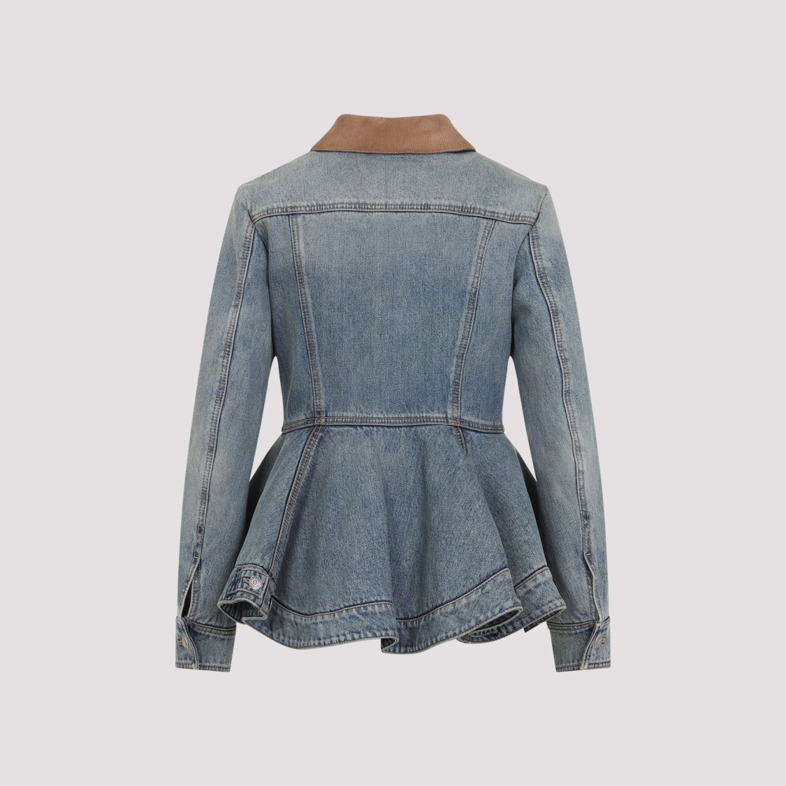 Shop Alexander Mcqueen Fitted Blue Jacket With Peplum Hem And Contrasting Collar