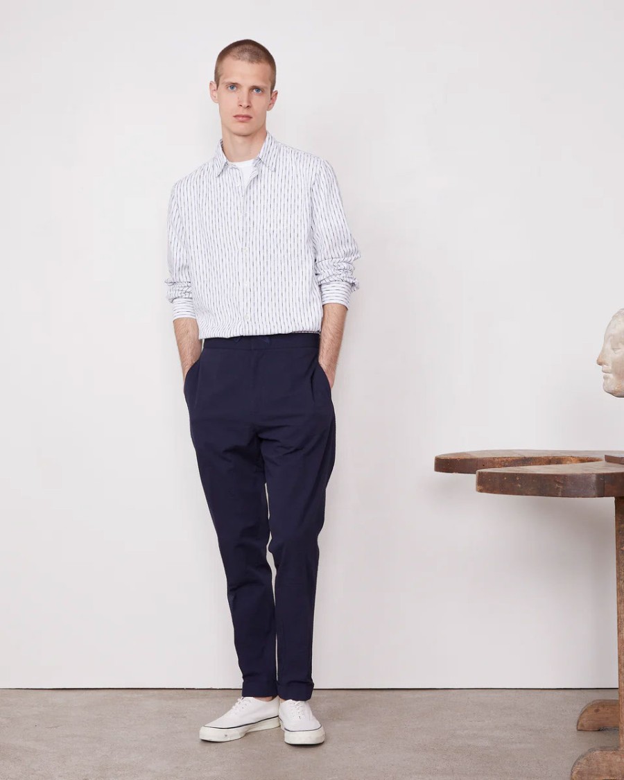 Officine Generale Plain Front Pants With Grosgrain Drawstring In Blue
