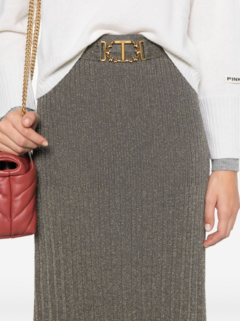 Shop Twinset Twin-set Ribbed Midi Skirt With Belt Detail And Flared Hem In Grey