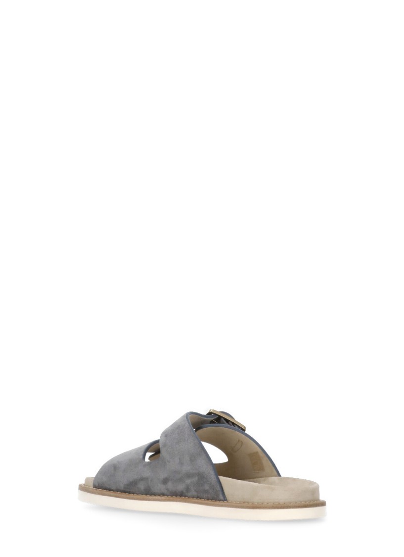 Brunello Cucinelli Pebble Silver-toned-hardware Leather Sandals In Grey