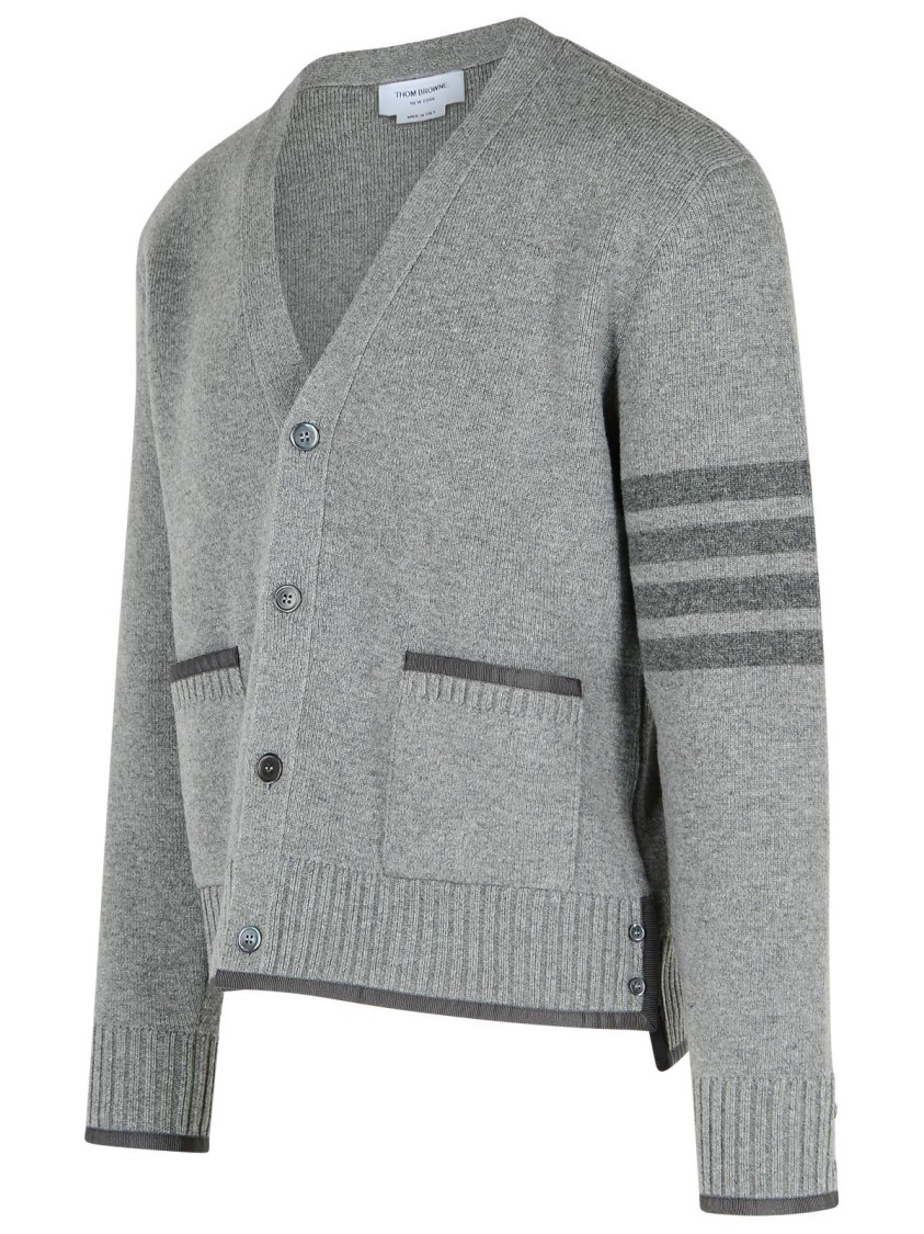Thom Browne Grey Cardigan With V Neck And Striped Detail On The Sleeve In Wool Man
