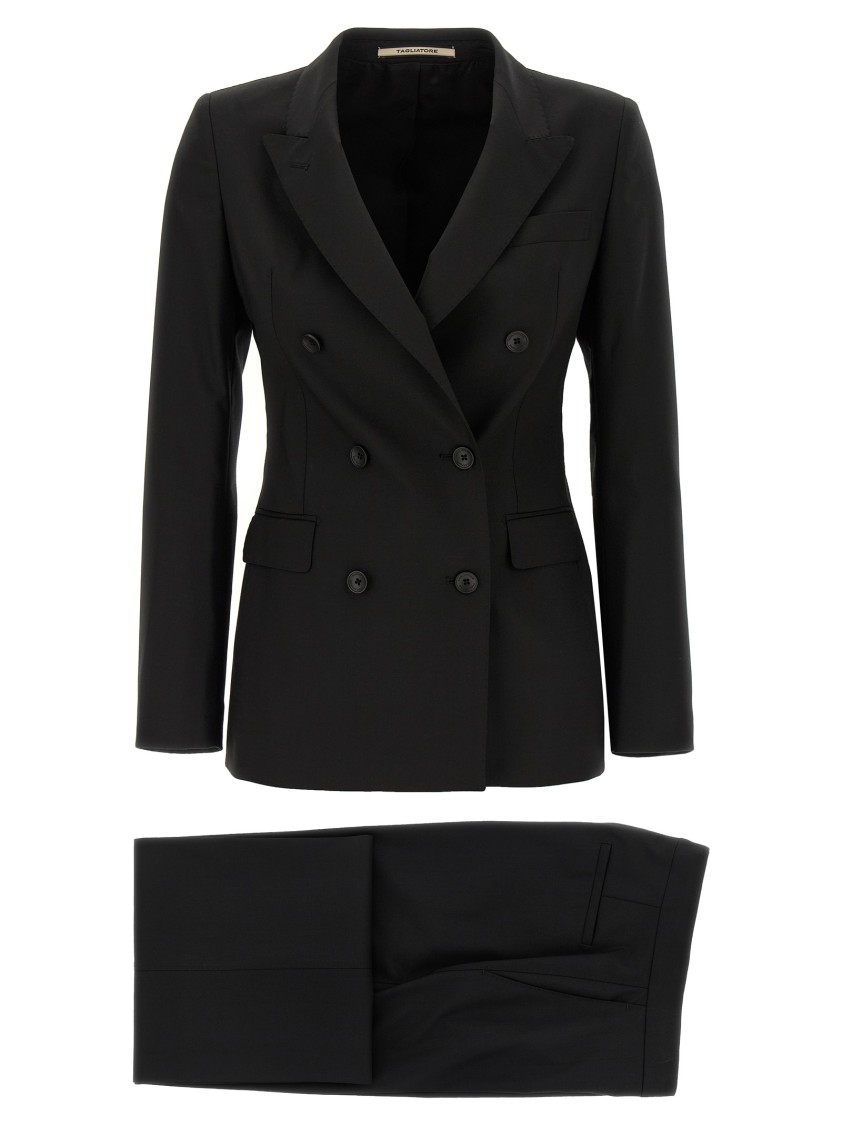 Tagliatore Double-breasted Wool Blend Suit With Tailored Trousers In Black