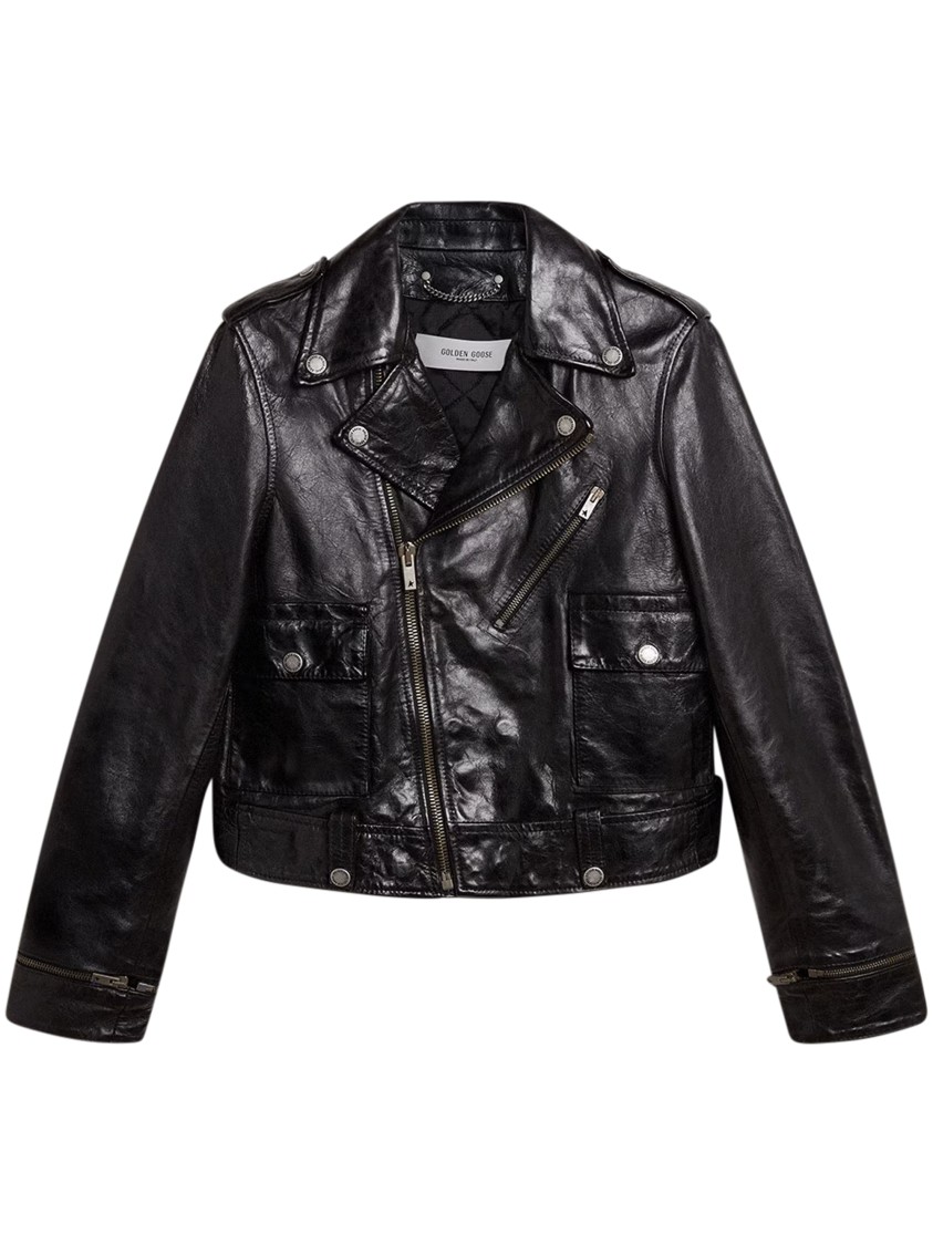 Golden Goose Black Leather Jacket With A Glossy Effect In Black