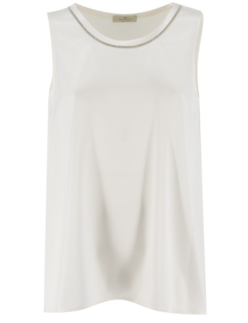 Panicale Crew Neck Silk Top With Luminous Detailing In Neutrals