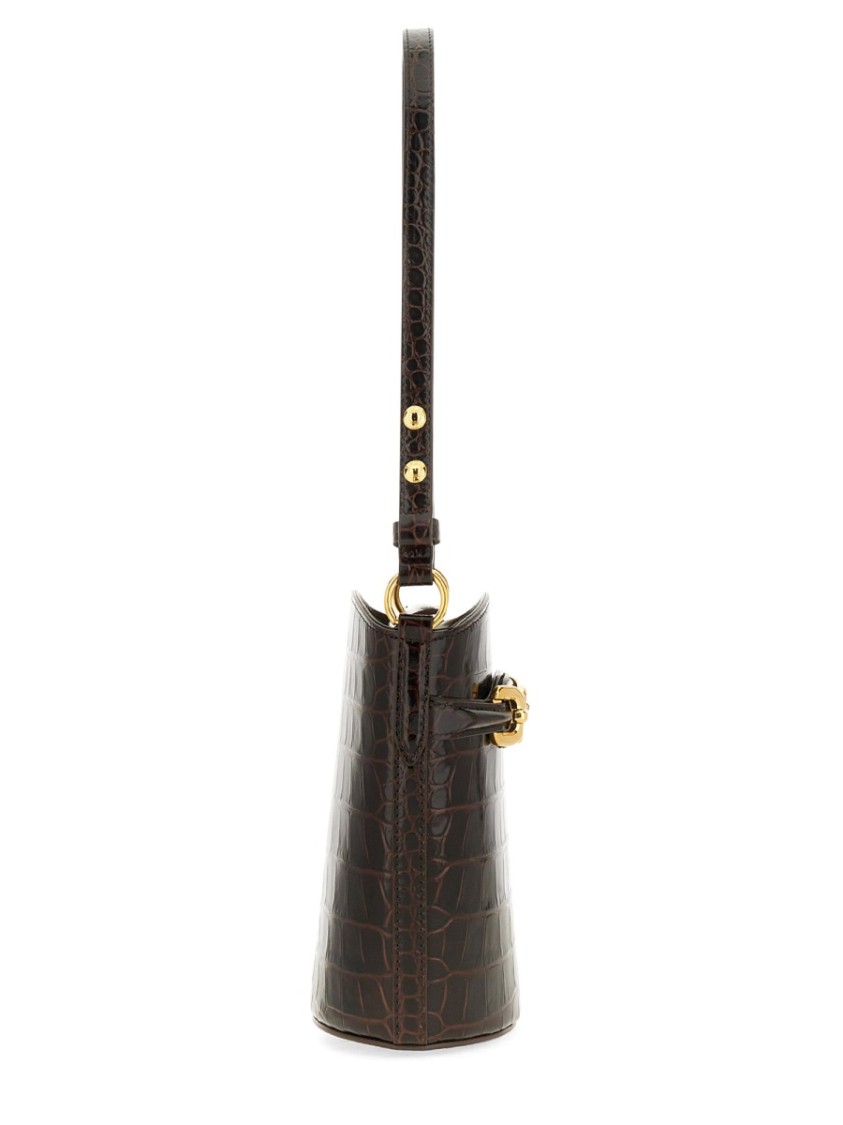 Tom Ford Small Shiny Stamped Croc Bucket Bag In Brown