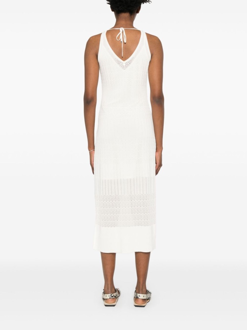 Shop Hugo Boss Boss Orange Light Beige V-neck Midi Dress With Intricate Knit Detail