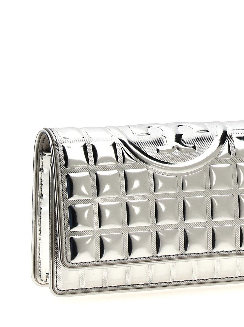 Tory Burch 'fleming Metallic Square Quilt' Wallet On Chain In Silver