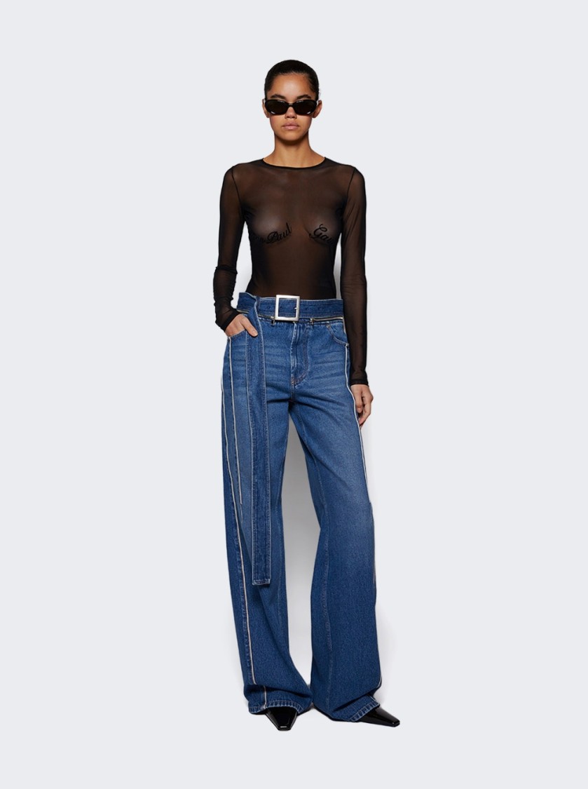 Shop Jean Paul Gaultier Sheer Mesh Long Sleeve Top Black