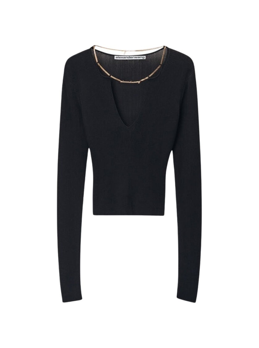 Alexander Wang V-neck Cropped Sweater With Nameplate Chain In Black