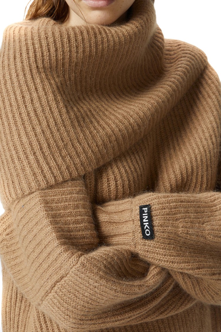 Shop Pinko Off-the-shoulder Beige Knit Sweater With Oversized Fit In Brown