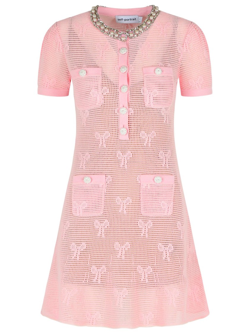 Self-portrait Self Portrait Women Pink Bow Crochet Crystal Mini Dress In Pink