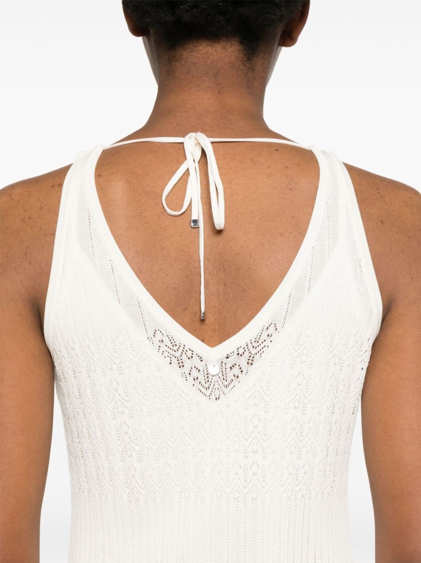 Shop Hugo Boss Boss Orange Light Beige V-neck Midi Dress With Intricate Knit Detail