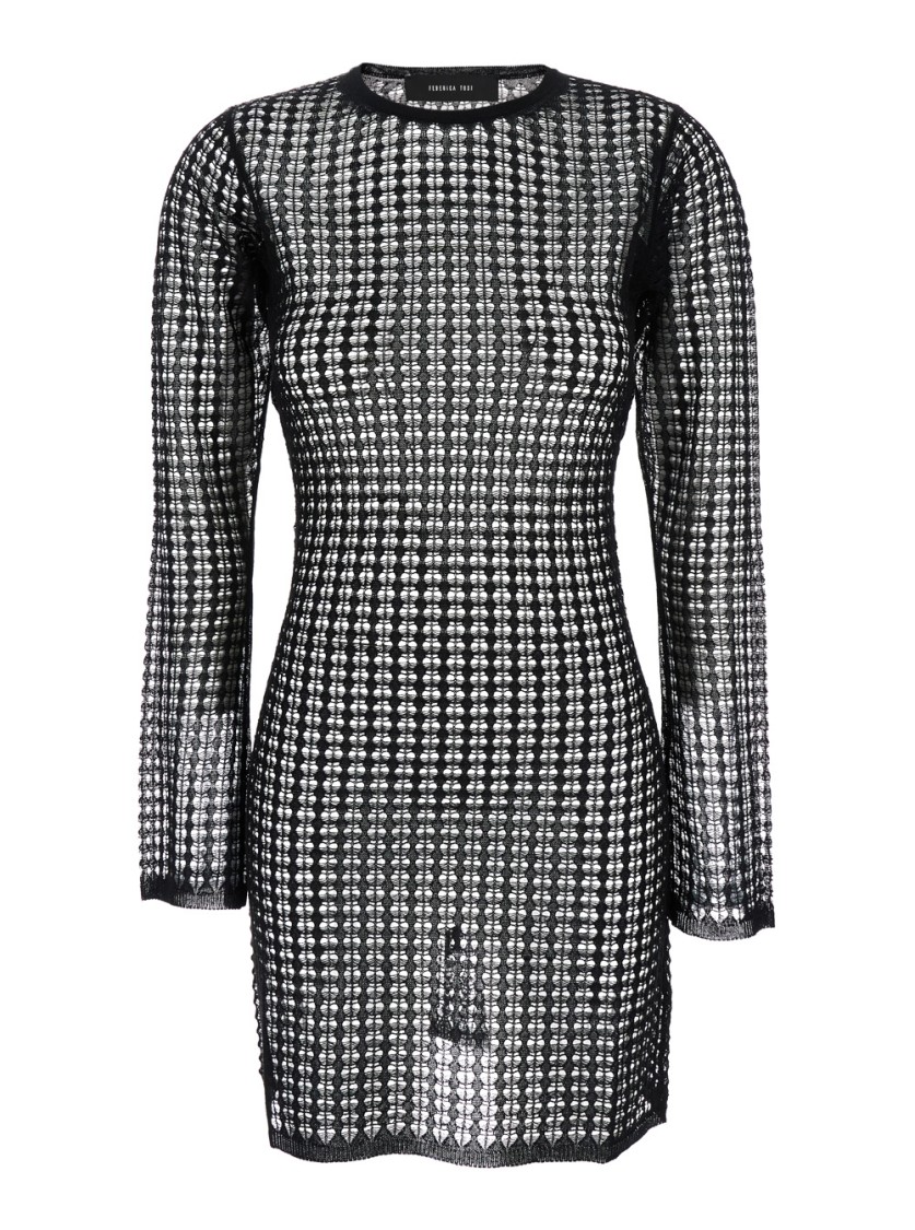 Federica Tosi Flexage Black Crewneck Dress With Check Motiv All-over And Open Rear In Fabric Woman