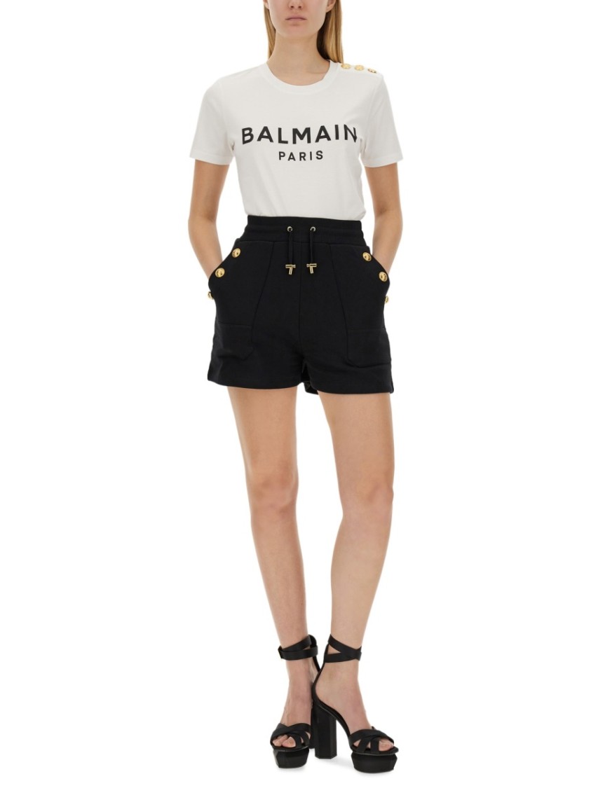 Balmain White Crewneck T-shirt With Logo Print And Golden Buttons In Jersey Woman