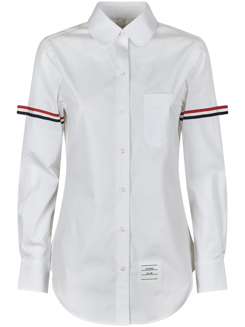 Thom Browne Classic Round Collar Shirt W/ Rwb Grosgrain Armbands In White