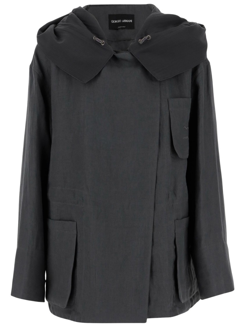 Shop Giorgio Armani Hooded Linen Jacket In Grey