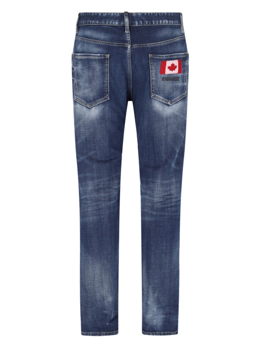 Dsquared2 Blue Straight Jeans With Logo Patch And Faded Effect In Stretch Cotton Denim Man In Blue