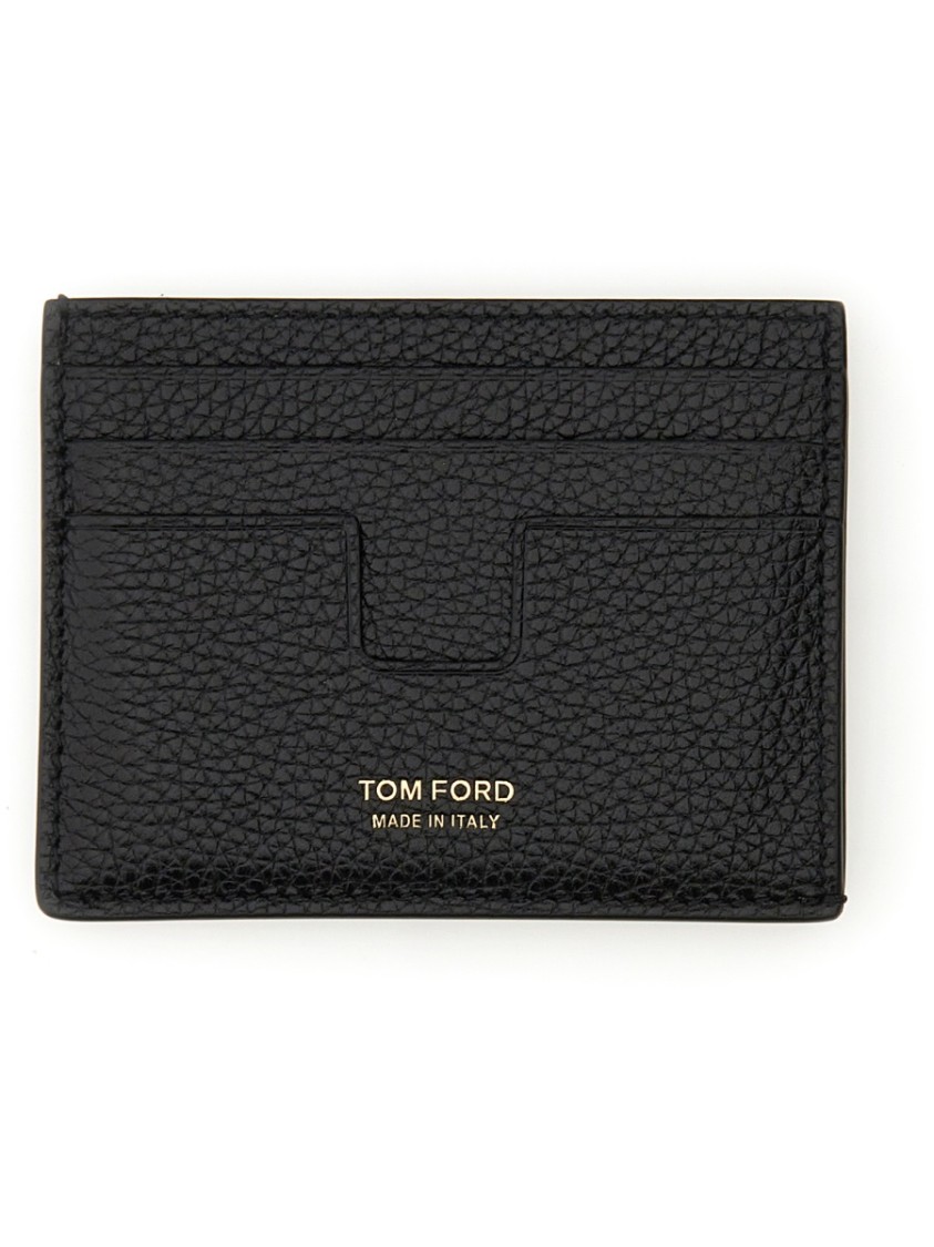 Tom Ford Black T Line Card-holder With Gold-colored Embossed Logo In Grainy Leather Man In Black
