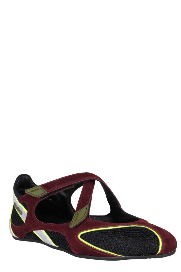 Attico Nomad Bordeaux Ballet Shoes With Criss-crossed Straps And Mesh Panels In Tech Fabric And Suede Woman In Black