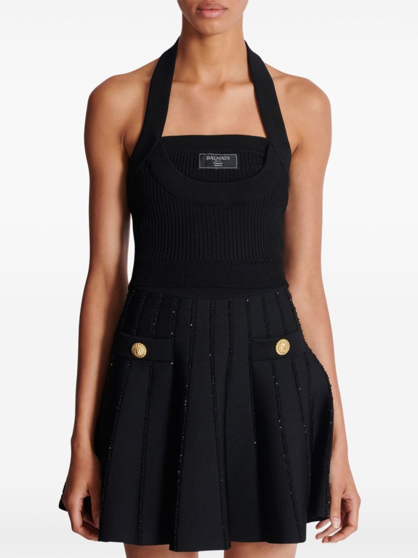 Shop Balmain Black Ribbed Texture Halter Top