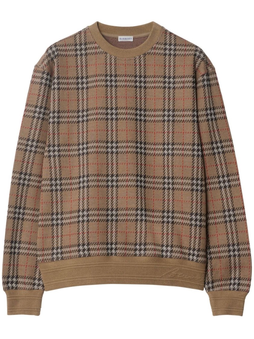 Shop Burberry Check Pattern Sweatshirt With Embroidered Logo In Brown