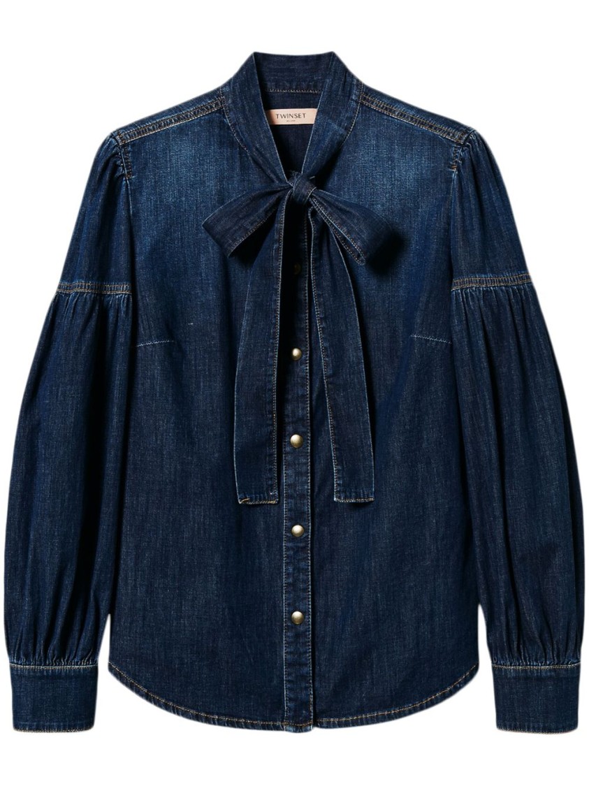 Shop Twinset Twin-set Denim Shirt With Bow Tie Detail In Blue