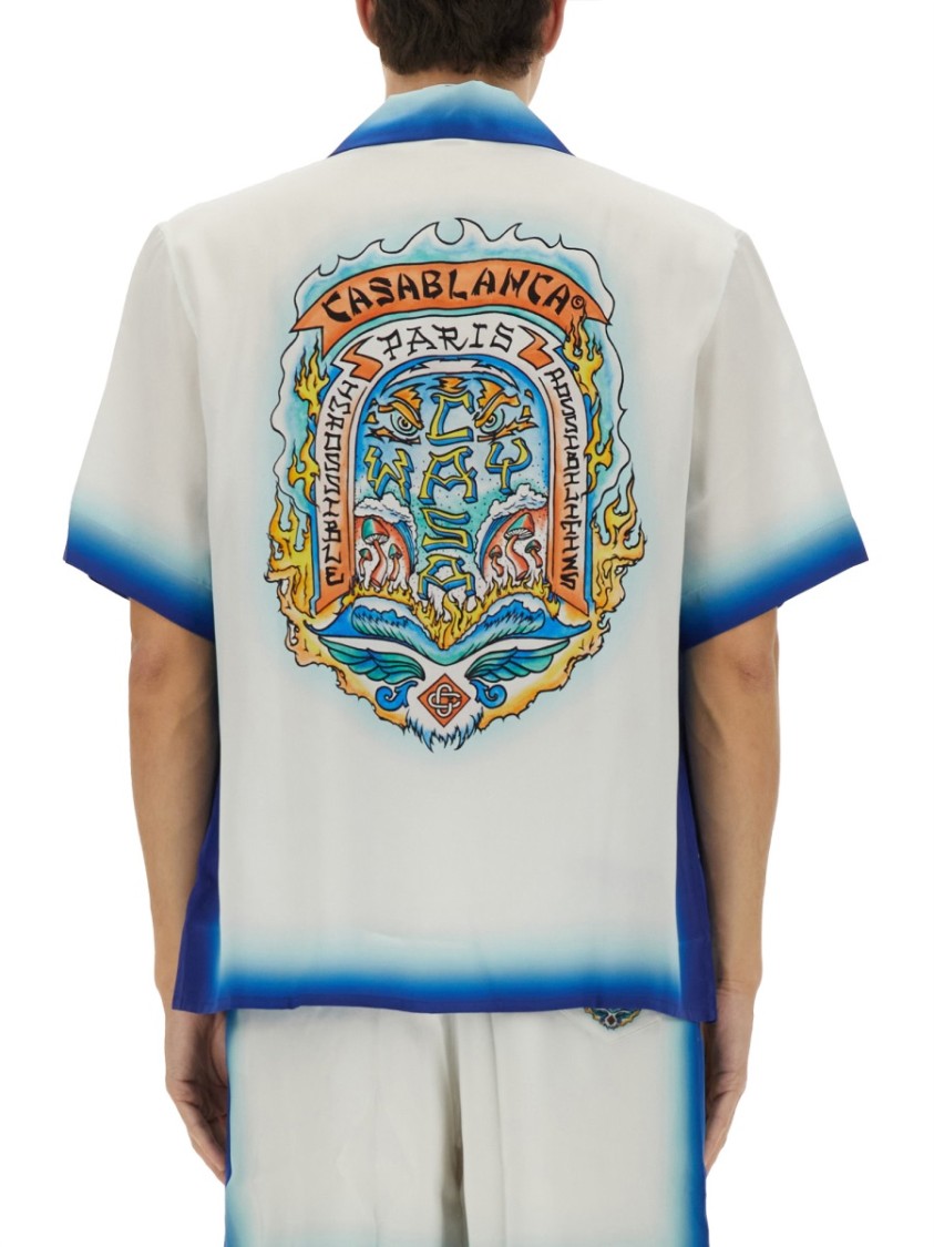 Casablanca White Shirt With Cuban Collar And Maxi Logo Printed On The Back In Silk Man In Multicolor