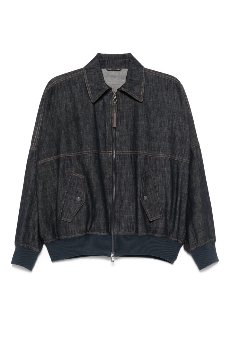 Brunello Cucinelli Denim-effect Twill Bomber Jacket With Shiny Zip In Black