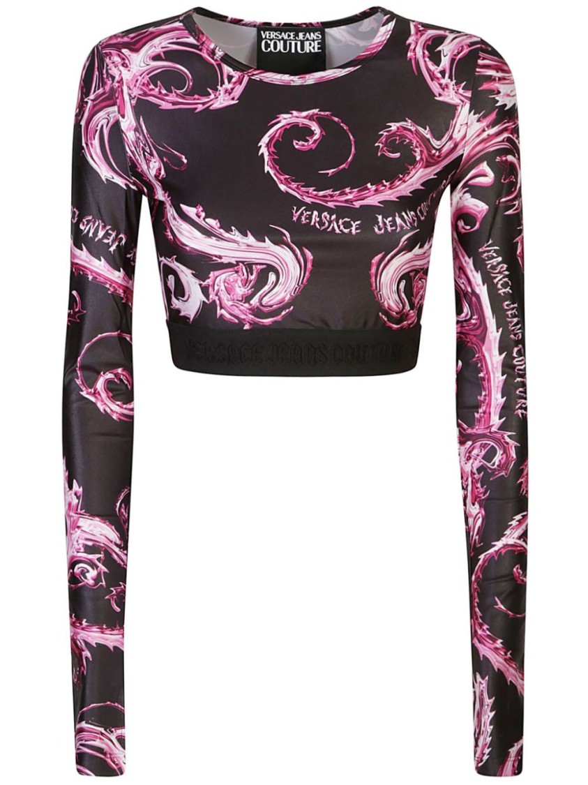 Shop Versace Jeans Couture Cropped Long-sleeve T-shirt With Striking Swirl Pattern In Black