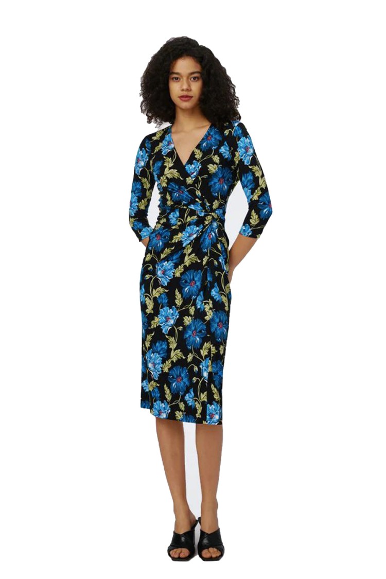 Diane Von Furstenberg Multicolor Floral Wrap Midi Dress With Elegant V-neckline In Black