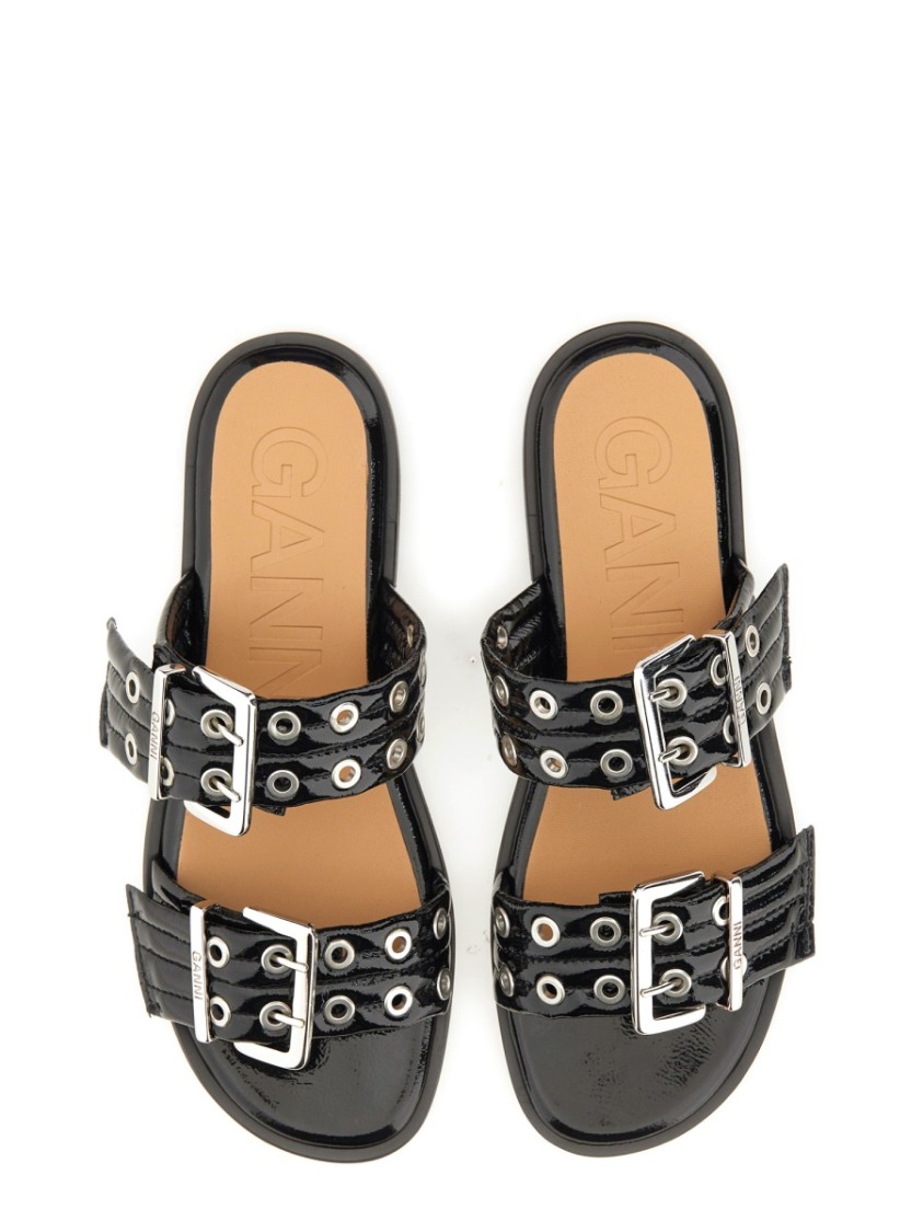 Ganni Buckled Eyelet-embellished Recycled Faux Patent-leather Sandals In Black