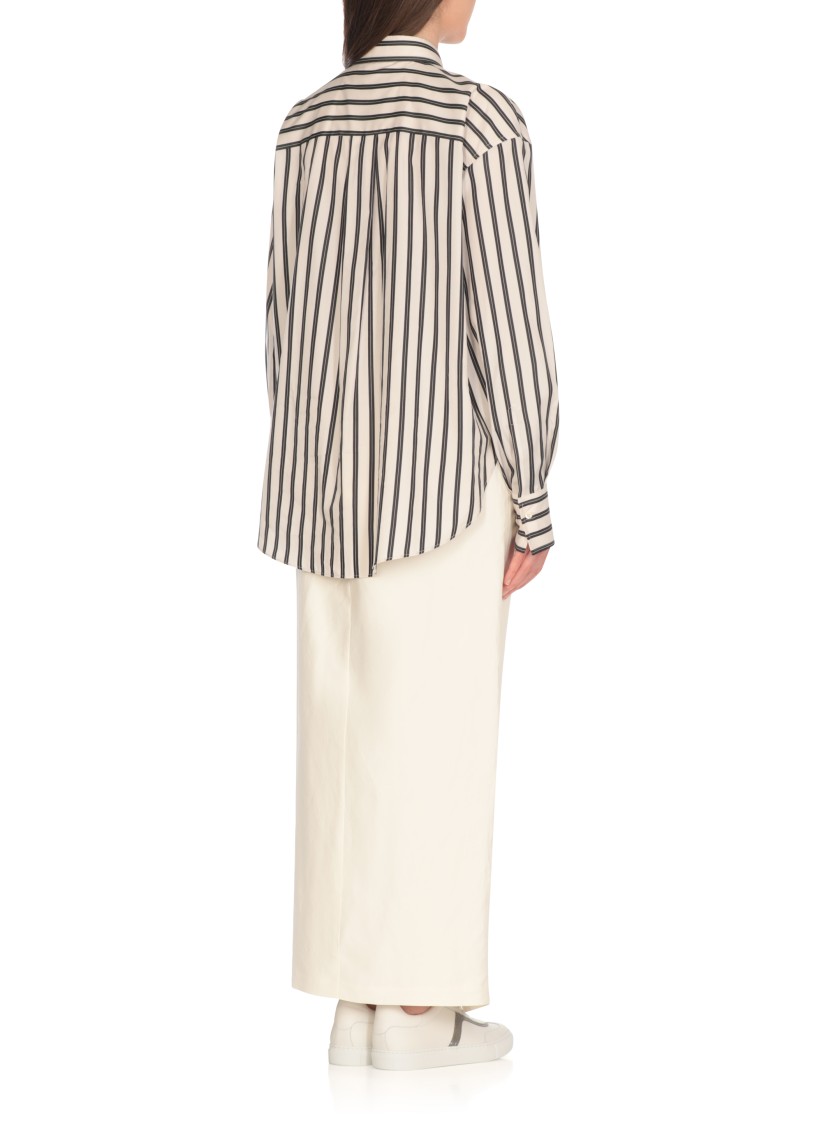 Brunello Cucinelli White Shirt With Floral Embroidery On The Front And All-over Striped Motif