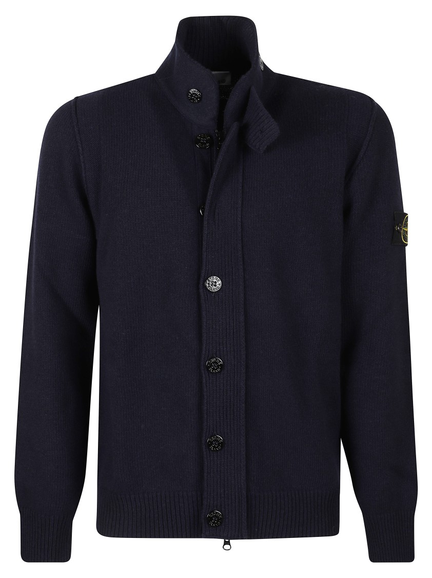 Stone Island High Collar Knit Sweater With Distinctive Logo Patch In Blue