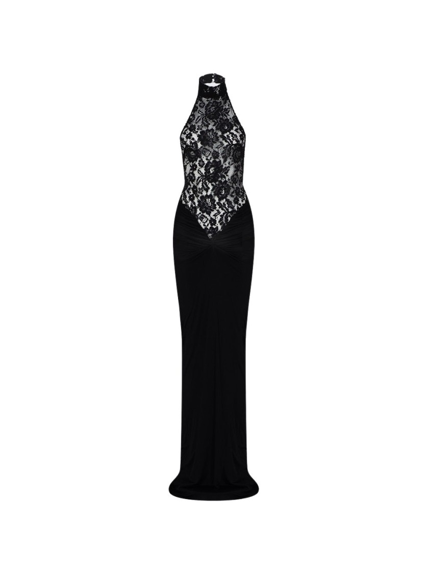 The New Arrivals By Ilkyaz Ozel Cass Lace Halterneck Gown Derriere Noir In Black