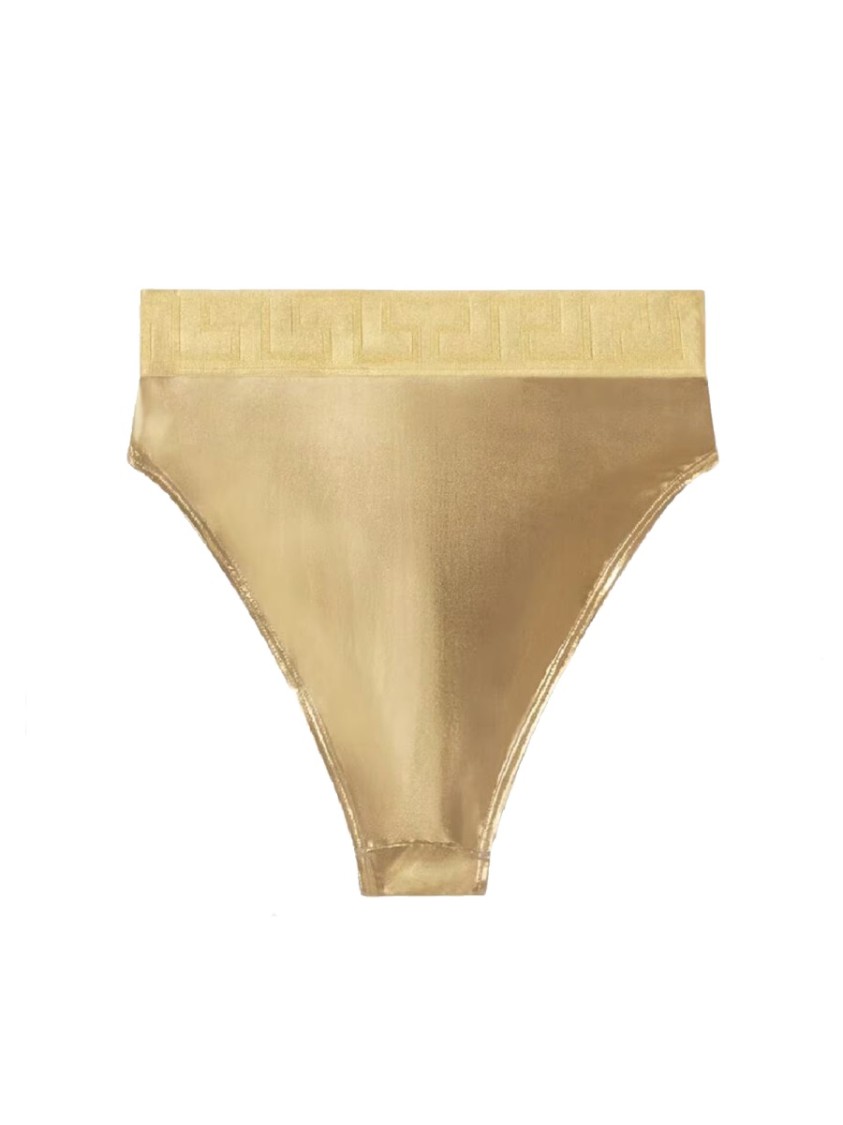 Versace Women Greca Border Bikini Bottoms With Metallic Finish In Gold
