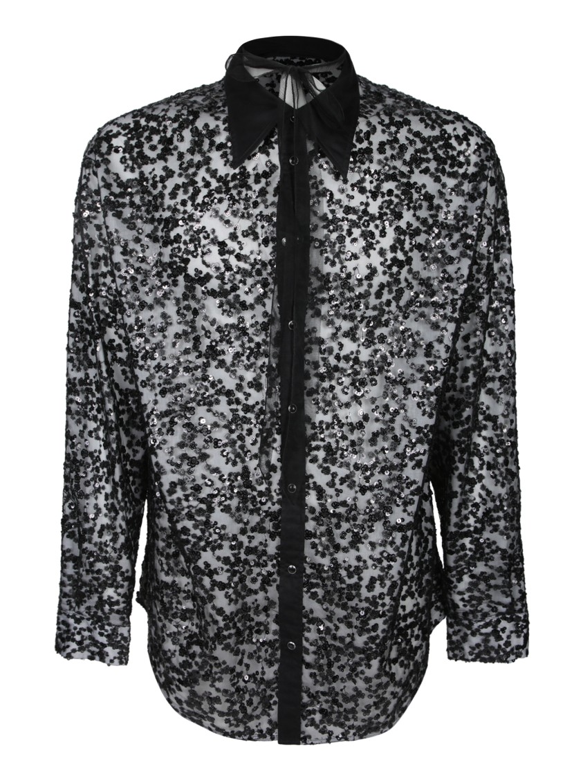 Dsquared2 Sheer Black Shirt With Floral Sequin Embellishments