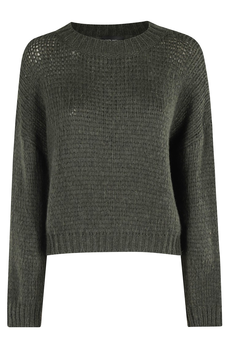 Roberto Collina Textured Knit Green Crew-neck Sweater In Gray