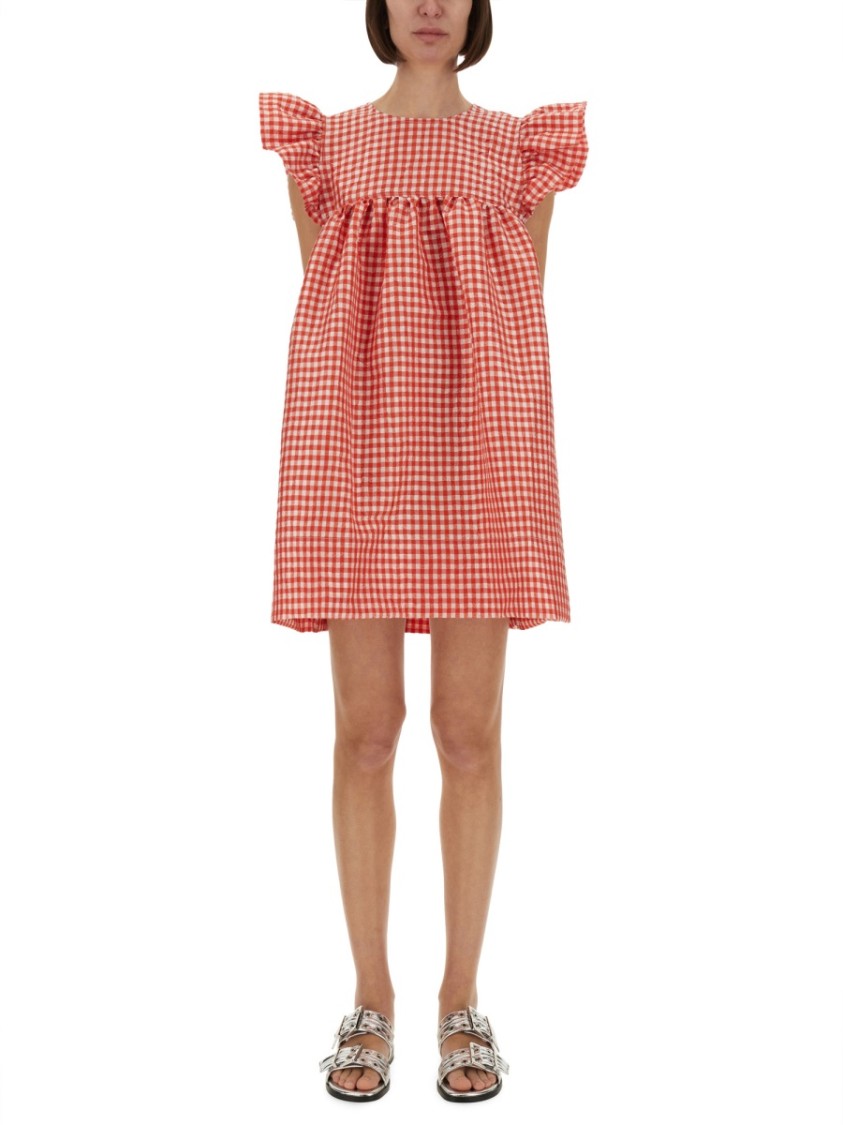 Ganni Checkered Mini Dress With Ruffled Sleeves