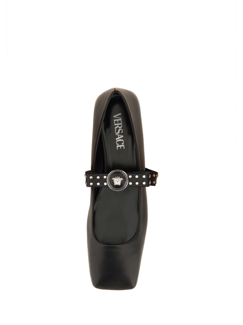 Versace Gianni Ribbon Leather Ballerina Flats With Studded Bow In Black