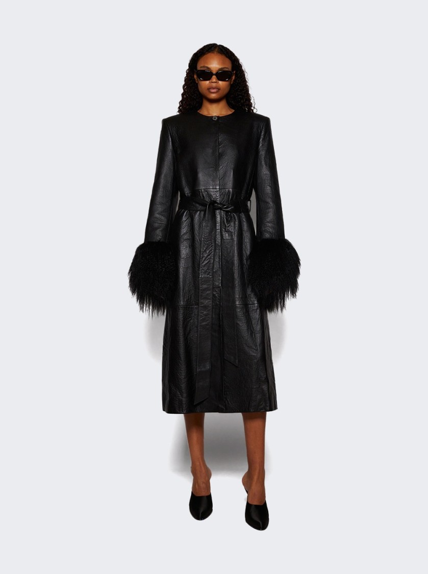 Shop Magda Butrym Longline Leather And Shearling Trim Coat Black